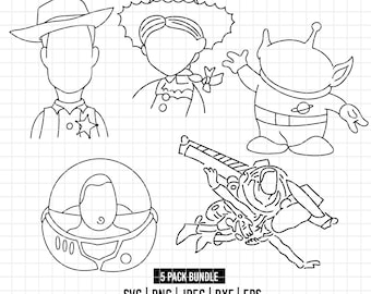 5793 - Toy Story outline pack bundle Svg, Eps, Png, Dxf, Jpeg (Falling in style - Woody - Jesse - Alien - Buzz)