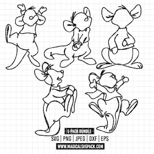 Könnte beinhalten: Ein digitales Grafikset mit fünf schwarzen Strichzeichnungen einer Zeichentrick-Känguru-Figur in verschiedenen Posen, vor einem weißen Rasterhintergrund mit dem Text 5 PACK BUNDLE SVG PNG JPEG DXF EPS WWW.MAGICALSVGPACK.COM.