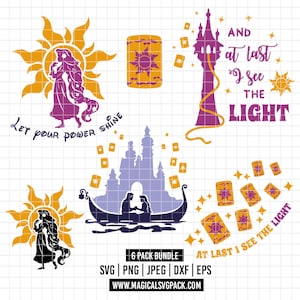 May include: A digital graphic bundle featuring purple and gold silhouettes of a long-haired character, a tower, a castle, a boat, and floating lanterns. Text includes Let your power shine, And at last I see the light, and 6 pack bundle SVG PNG JPEG DXF EPS.