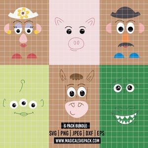 May include: A digital graphic featuring six cartoon character faces, including a pig, a horse, and a green alien. The characters are set against a grid background. The text "6 PACK BUNDLE" and file type icons are at the bottom.