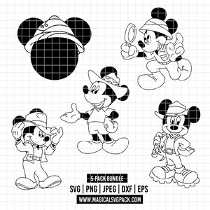 Puede incluir: Dibujo lineal en blanco y negro de Mickey Mouse con atuendo de safari. La imagen incluye cinco poses diferentes de Mickey Mouse, con un sombrero de safari y ropa de explorador. También se incluye el texto "5 PACK BUNDLE" y las opciones de tipo de archivo.