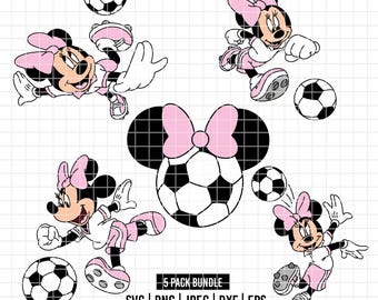 6029 - Minniee Fußballspieler Pack Bundle dtf vollfarbig SVG, Eps, Png, Dxf, Jpeg (Silhouette - Ferse - laufend - kleiner Kopf)