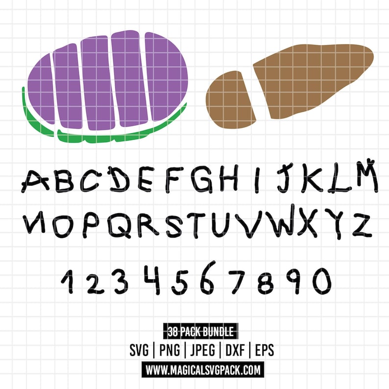 May include: A digital graphic design featuring a purple and green watermelon slice, a brown shape, and a handwritten alphabet and numbers. The image includes the text "38 PACK BUNDLE" and file type abbreviations.