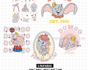 5453 - Dumbo Pack Bundle dtf vollfarbig SVG, Png, Dxf, Jepg (Schloss - Silhouette - Ball - mit seiner Mutter - kariert)
