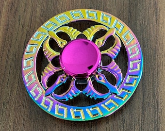 Rainbow Greek Key Circular Fidget Spinner Iridescent Metal Kinetic Toy Unique Desk Accessory