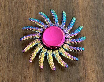 Rainbow Phoenix Wing Fidget Spinner, Metal Feathered Sawblade Kinetic Desk Toy, Iridescent Prismatic Fern