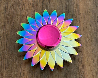 Rainbow Sunburst Flower Fidget Spinner, Metal Dahlia Kinetic Desk Toy, Iridescent Petal Burst Spinner