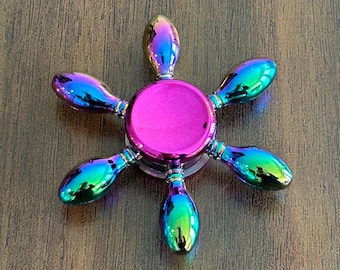 Rainbow Bowling Pin Fidget Spinner - Iridescent Metallic 6-Arm Unique Sports Fan Desk Gadget