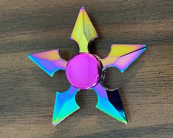 Iridescent Ninja Star Fidget Spinner - Heavy Metal Rainbow Shuriken - Kinetic Desk Toy & Focus Tool