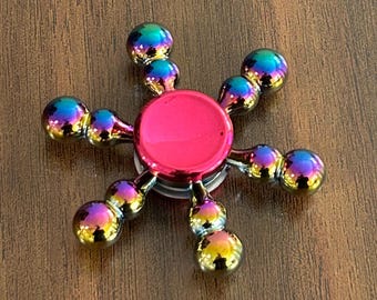 Rainbow Atomic Sphere Fidget Spinner, Metal 6-Arm Orbit Kinetic Desk Toy, Iridescent Planetary Spinner