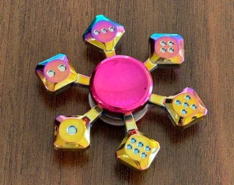 Rainbow Lucky Dice Fidget Spinner, Metal 6-Sided Handheld Desk Toy, Iridescent High Roller Winner