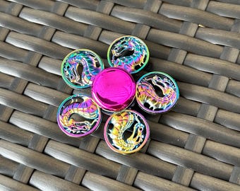 5 Headed Dragon Medalion Fidget Spinner - Iridescent Rainbow Metal - Fantasy Dragon Head Desk Toy