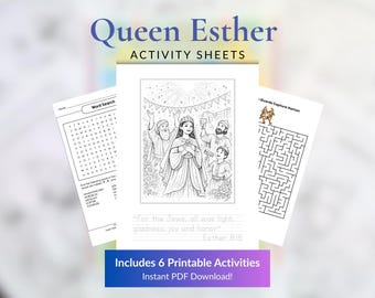 Páginas de actividades y ejercicios bíblicos de la Reina Ester / Escuela Dominical en casa (Descarga instantánea)