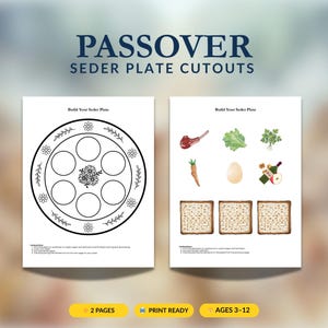 May include: Two-page Passover Seder plate cutouts. One page features a blank plate with circles for the Seder items. The second page includes illustrations of the Seder plate items. The text reads "2 pages", "Print Ready", and "Ages 3-12".