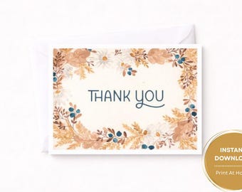 Tarjeta de agradecimiento floral pintada a mano • Ramo de otoño dorado en acuarela • Hermosa, imprimible, descarga instantánea • Tamaño A2