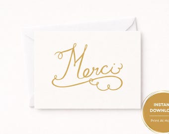 Merci — Tarjeta de agradecimiento francesa escrita a mano • Letras doradas minimalistas • Descarga instantánea A2 imprimible