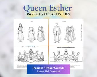Manualidad de muñeca de papel y corona de la Reina Ester y Mardoqueo / Actividad de Purim (Descarga instantánea en PDF)