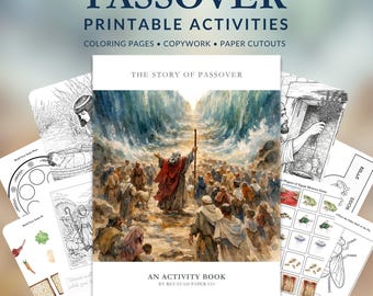 Manualidades y actividades para niños durante la Pascua judía / Más de 30 hojas imprimibles / Páginas para colorear, ejercicios de caligrafía, manualidades para hacer diademas de la peste