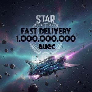 May include: A digital art image of a futuristic spaceship in a starry galaxy. The ship is dark blue with neon blue and purple accents. Text reads "STAR FAST DELIVERY 1.000.000.000 auec". The background features asteroids and nebulas.