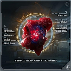 May include: A glowing red Carinite crystal with blue internal highlights, labeled "Star Citizen Carinite (Pure)". Information panels detail origin, rarity, age, and potential uses like crafting and high-value trade. Radiation readout is 8.9 SV/HR.