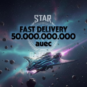 May include: A digital art image of a futuristic spaceship in a starry galaxy. The text "STAR FAST DELIVERY 50.000.000.000 auec" is displayed in bold white letters. The spaceship is dark blue with neon blue and purple accents.