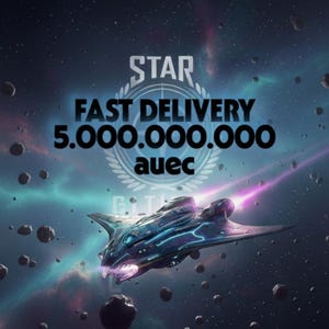 May include: A futuristic spaceship with blue and purple neon lights flies through a starry galaxy. The image includes the text "STAR FAST DELIVERY 5.000.000.000 auec". The background features asteroids and nebulas.