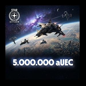 May include: A digital illustration featuring the Star Citizen logo, three spaceships flying over a planet with a city, and a space station in the background. The text 5.000.000 aUEC is displayed in white at the bottom against a dark starry space backdrop.
