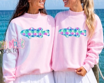 PNG de pez preppy / Descarga digital de pez costero / Diseño de sublimación de pez rosa, azul y aguamarina / PNG de verano playero / Imágenes prediseñadas costeras preppy