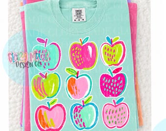 Manzana elegante PNG, imágenes prediseñadas de manzana para profesores, manzana neón PNG, regreso a clases PNG, diseño de manzana colorida, camiseta de profesor PNG, imágenes prediseñadas escolares