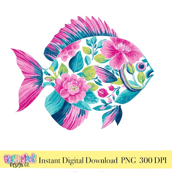 Preppy Tropical Fish PNG, Coastal Fish Clipart, Beach Fish PNG, Summer Ocean Animal, Floral Fish Design, Sublimation PNG