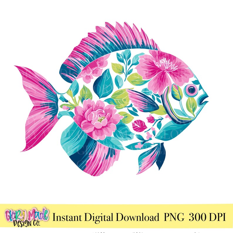 May include: A digital illustration of a fish with a floral design. The fish features pink, teal, and green flowers and leaves. The fins and tail are pink. The image includes the text "Instant Digital Download PNG 300 DPI".