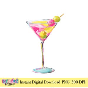May include: Watercolor illustration of a martini cocktail with pink and yellow liquid, garnished with olives and a cherry on a toothpick. The glass has a long stem and a wide, triangular bowl. Text at the bottom reads "Instant Digital Download PNG 300 DPI".