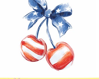 Patriottische Cherry Bow PNG, Coquette 4 juli PNG, Americana Cherry Clipart, USA sublimatie ontwerp downloaden