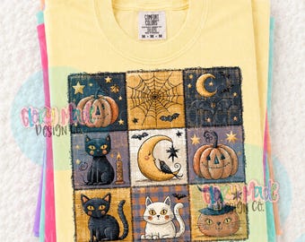Halloween vintage PNG, Halloween retrò PNG, Gatto nero PNG, Maglietta con zucca, Stagione spettrale PNG, Sublimazione di Halloween, Halloween patchwork