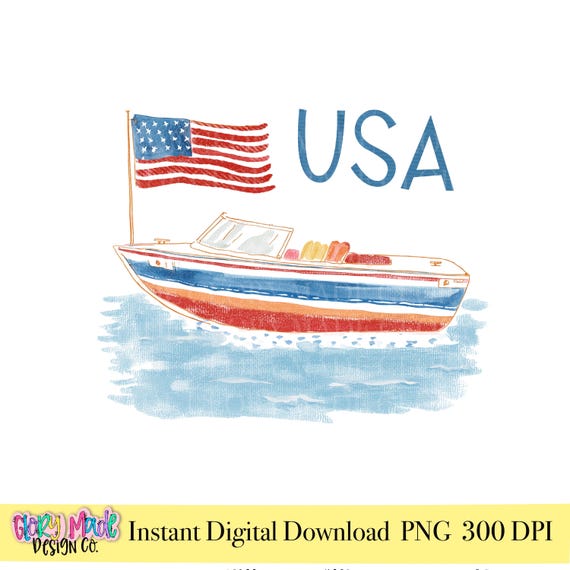 Patriotic Boat PNG, USA Boat Clipart, 4th of July Boat Design, American Flag Boat, Summer Coastal PNG, Red White Blue Boat, Sublimation dtf