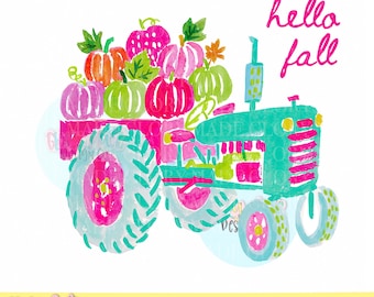 Hola otoño PNG, imágenes prediseñadas de otoño PNG, tractor de calabaza en acuarela, lindo gráfico de cosecha de otoño, descarga digital instantánea