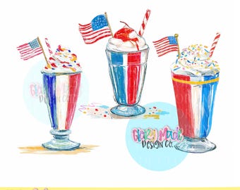 Paquete PNG de batidos patrióticos, imágenes prediseñadas de batidos rojos, blancos y azules, PNG de bebidas del 4 de julio, PNG de postres americanos en acuarela, dtf de verano