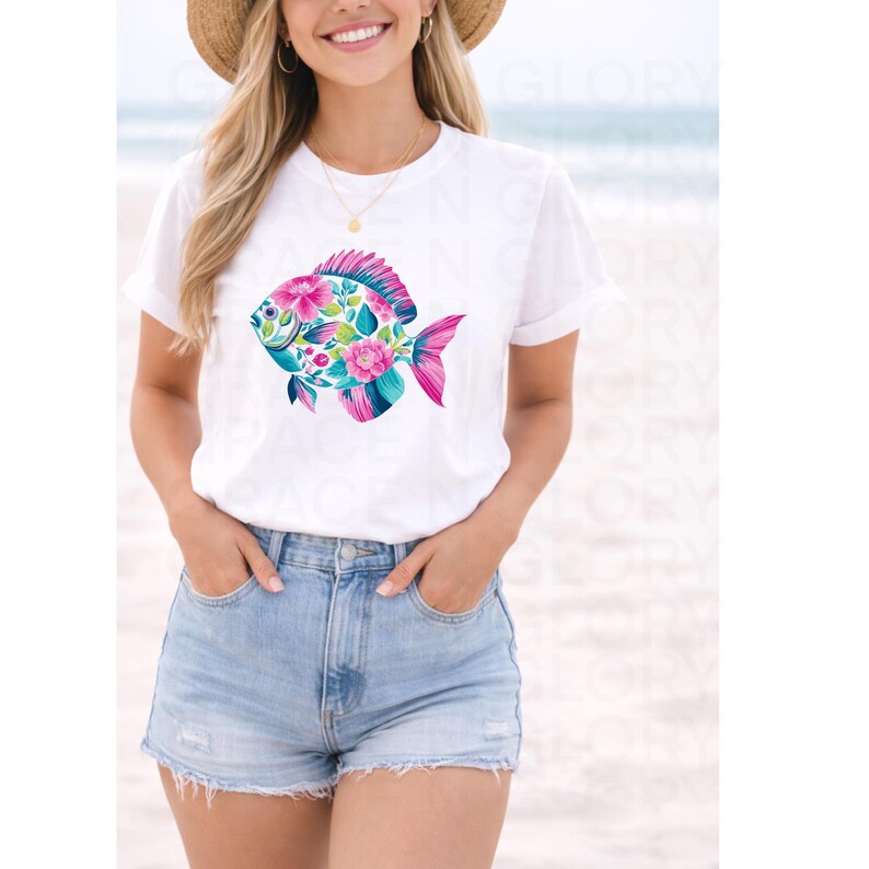 May include: White t-shirt featuring a colorful fish design. The fish is adorned with pink, blue, and green floral patterns. The shirt is paired with denim shorts. A straw hat is worn.