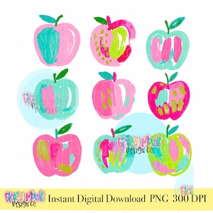 May include: A collection of nine stylized apple illustrations featuring vibrant brushstroke patterns in shades of bright pink, turquoise, lime green, and yellow. Each apple has a distinct stem and leaf, with some designs incorporating the text Glory Made Design Co.