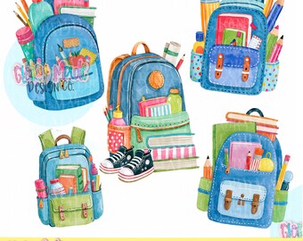 Clipart di zaino PNG, Zaino scolastico PNG, Clipart per il ritorno a scuola, Zaino PNG, Materiale scolastico PNG, Zaino ad acquerello, Studente PNG