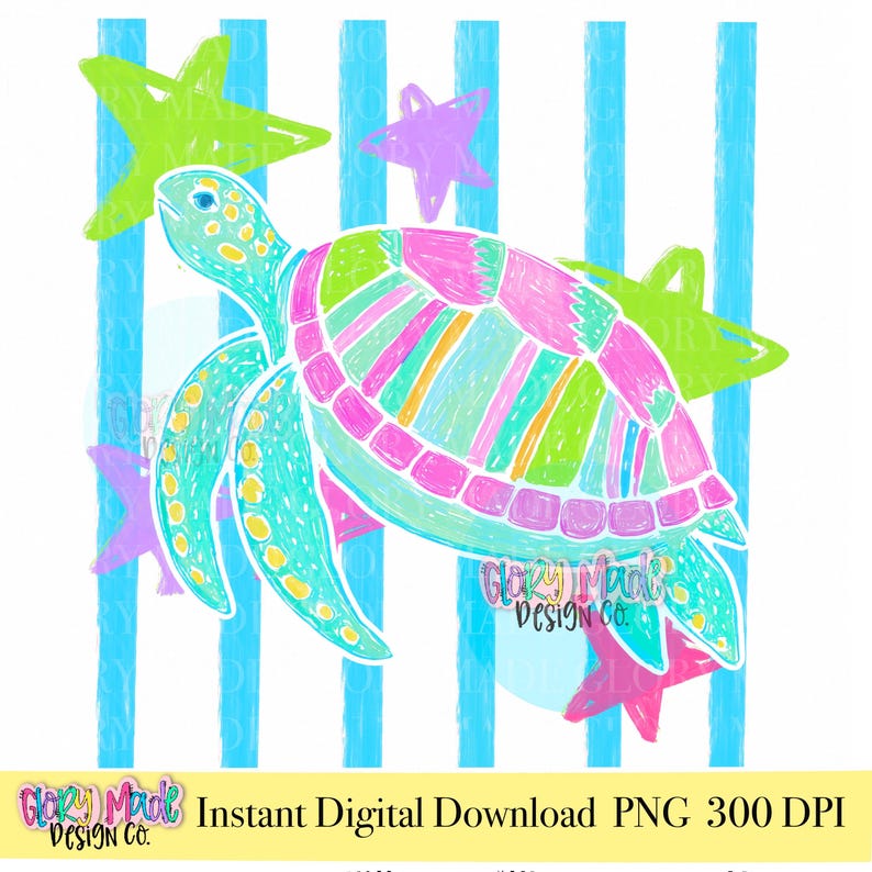 May include: A digital illustration of a sea turtle with a colorful, multi-striped shell in shades of pink, green, and orange. The turtle is surrounded by lime green and purple stars against a background of vertical light blue stripes.