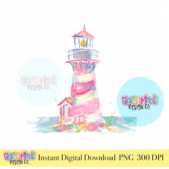 Preppy Lighthouse PNG Clipart, Colorful Coastal Lighthouse PNG, Watercolor Lighthouse Design, Nautical Beach Clipart, Summer Boutique PNG fo