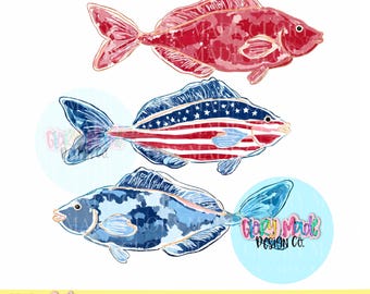 Patriottische kustvis PNG-bundel, Amerikaanse vlag vis clipart, vissen shirt sublimatie PNG, Lake Life zomer digitale download