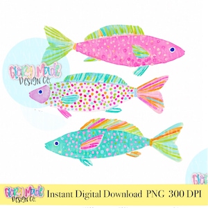 Könnte beinhalten: Drei Fisch-Illustrationen im Aquarellstil mit leuchtenden rosa, türkisfarbenen und bunten Punkten sowie gestreiften Flossen und Schwänzen. Der Text Glory Made Design Co. erscheint in einer stilisierten Schriftart. Digitales Grafikdesign.