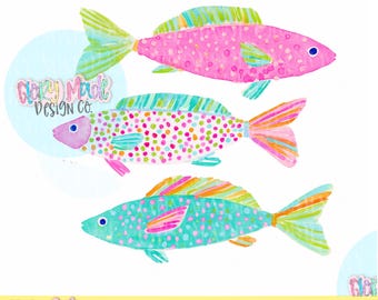 Preppy Fish PNG, Colorful Fish Clipart, Coastal Fish PNG, Beach Fish Clipart, Cute Summer Fish, Three Fish PNG, Girly Ocean Clipart