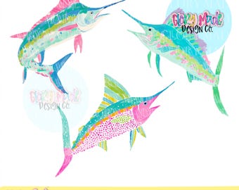 Preppy Fish PNG Bundle, Coastal Fish Sublimation PNG, Marlin & Sailfish Clipart, Beach Fishing Shirt Design, Summer PNG Download