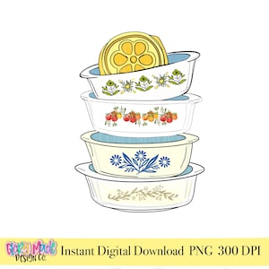 Può includere: Una pila di quattro pirofile in stile vintage con disegni floreali e di frutta. Il piatto superiore ha un coperchio giallo. I piatti sono bianchi con bordi blu e vari motivi, tra cui fiori e pomodori. Il testo "Instant Digital Download PNG 300 DPI" è incluso.