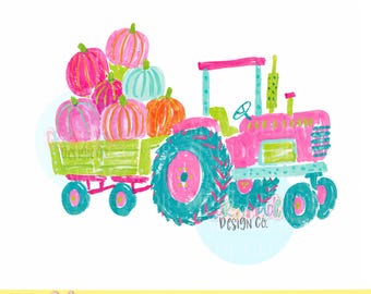 Imágenes prediseñadas de otoño en formato PNG, imágenes prediseñadas de cosecha de calabazas, tractor de otoño en acuarela en formato PNG, gráficos de un lindo campo de calabazas, descarga instantánea.