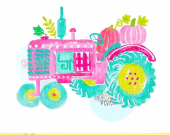 Tractor rosa de otoño PNG, imágenes prediseñadas de tractor de calabaza en acuarela, gráfico de otoño de granja preppy, descarga digital de tractor de cosecha lindo