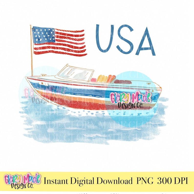 Op de afbeelding: Waterverfillustratie van een boot met rood, wit en blauw gestreepte strepen, een Amerikaanse vlag en het woord "USA". De boot staat op blauw water, met de tekst "Glory Made Design Co."